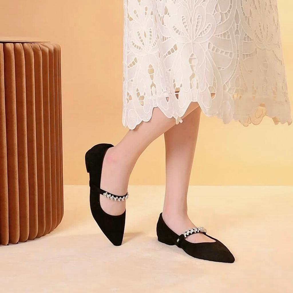 Giày búp bê MWC 2288 - Giày Búp Bê Mũi Nhọn Basic Phối Quai Ngang Mảnh Đính Đá Nhỏ Sang Trọng Thời Trang