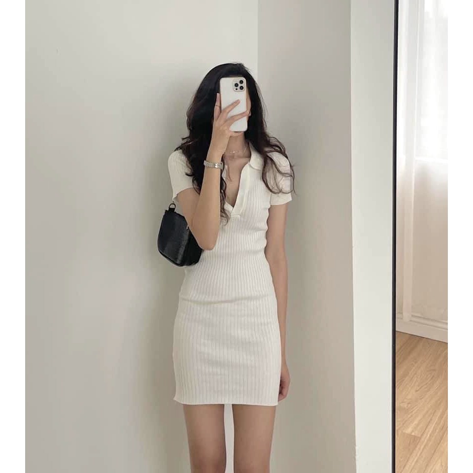 Váy Thun Tăm Polo PEONYB Nữ [FREESHIP]  Đầm tay lỡ cổ V dáng ôm body dự tiệc bánh bèo tiểu thư Ulzzang