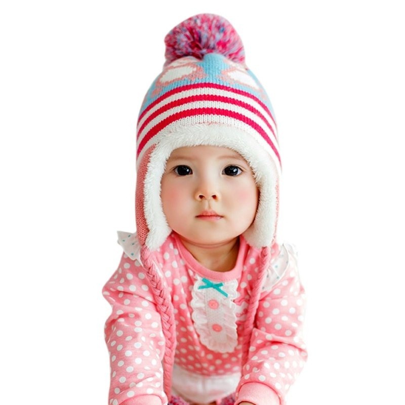 Nón trùm đầu dệt kim phối vải bảo vệ tai cho bé 6-36 tháng tuổi