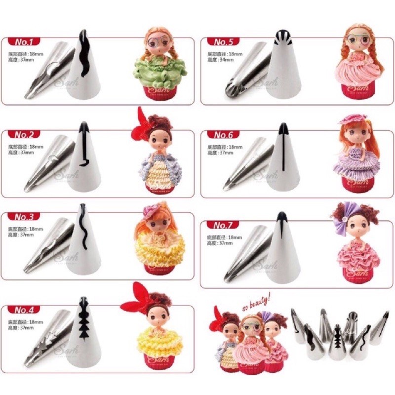 Set 7 đui bắt bông kem tạo hình váy búp bê