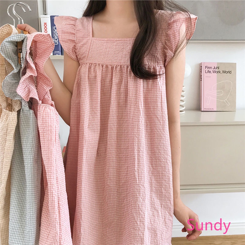 Bộ Đồ Ngủ Cổ Vuông Dáng Rộng Hoa Văn Kẻ Ô Thời Trang Mùa Hè Dành Cho Nữ