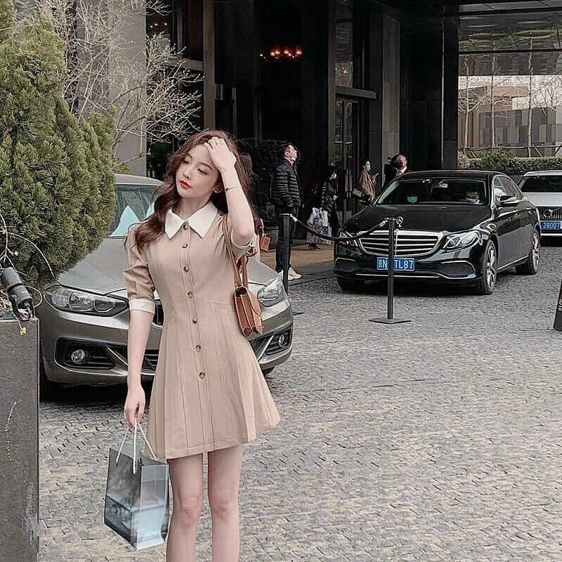 Đầm sơ mi nude phối cổ trắng thanh lịch, dễ thương TANA D456 | BigBuy360 - bigbuy360.vn