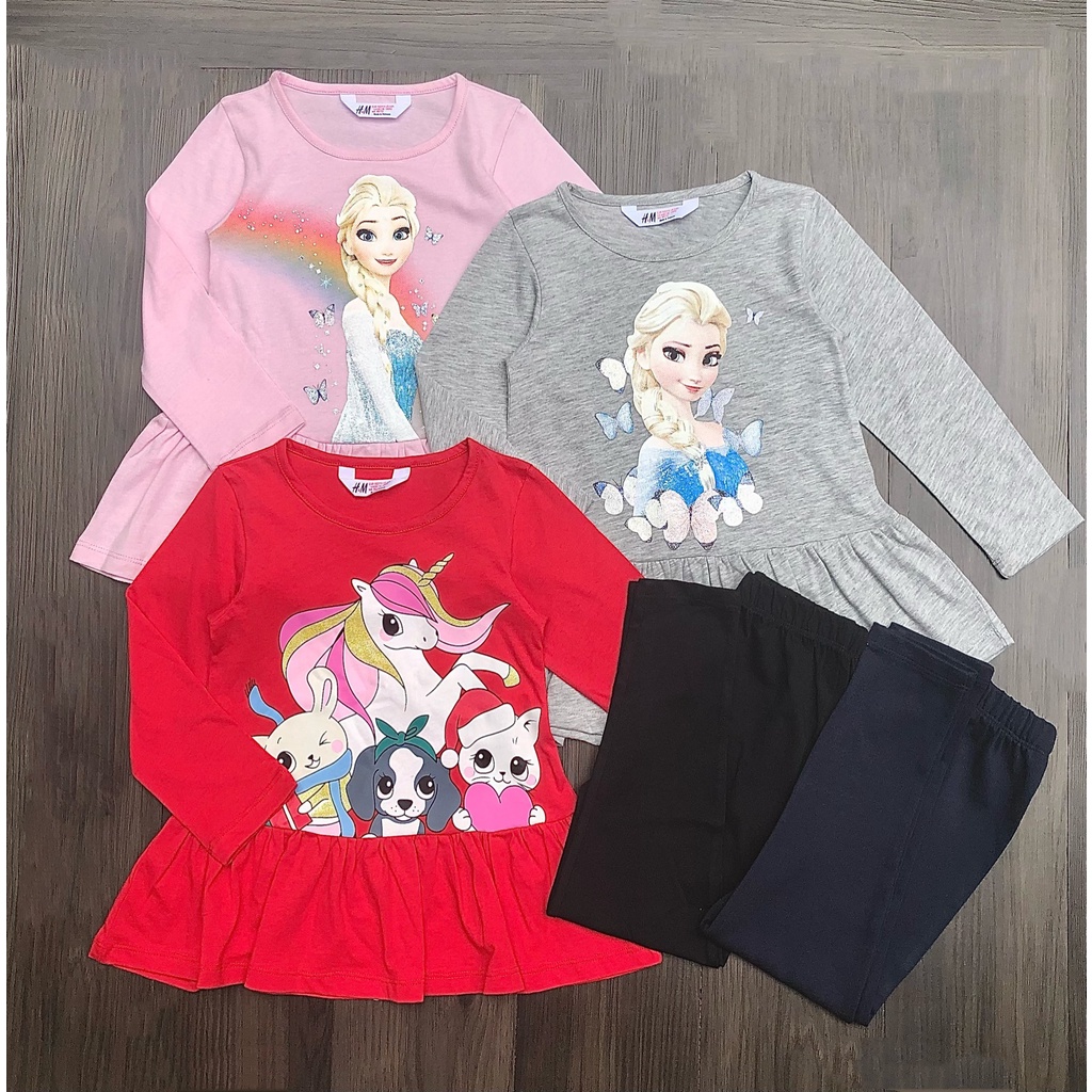 Set áo váy + quần legging thun cotton bé gái 4-14T họa tiết Mèo Thỏ Elsa Pony đáng yêu