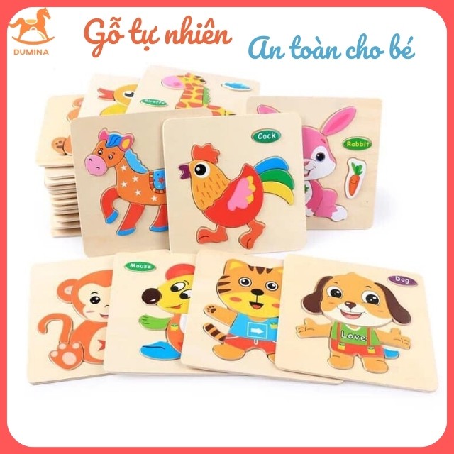 Đồ chơi ghép hình Tranh Ghép hình gỗ 3D Lắp ghép các bộ phận Con vật- Phương tiện- Hoa quả