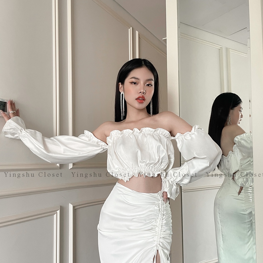 Áo croptop trắng cúp ngực tay dài