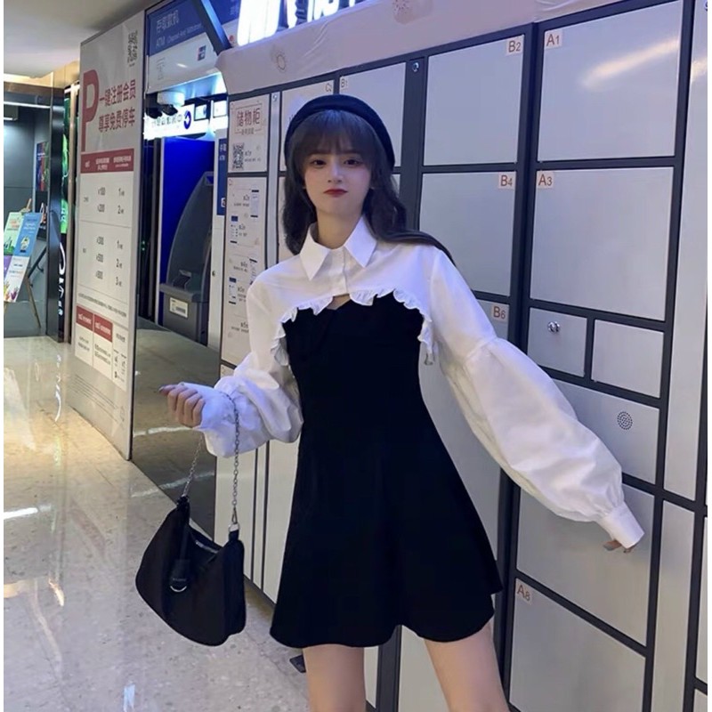 set đầm 2 dây thun xoè phối áo somi form ngắn - B5U | BigBuy360 - bigbuy360.vn