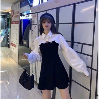 set đầm 2 dây thun xoè phối áo somi form ngắn - B5U