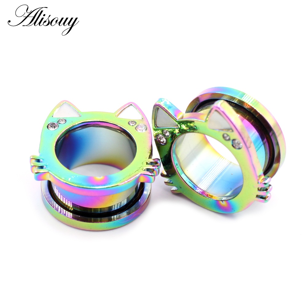 Alisouy Set 2 Khuyên Nong Tai Hình Mèo Bằng Thép Không Gỉ 6-16mm