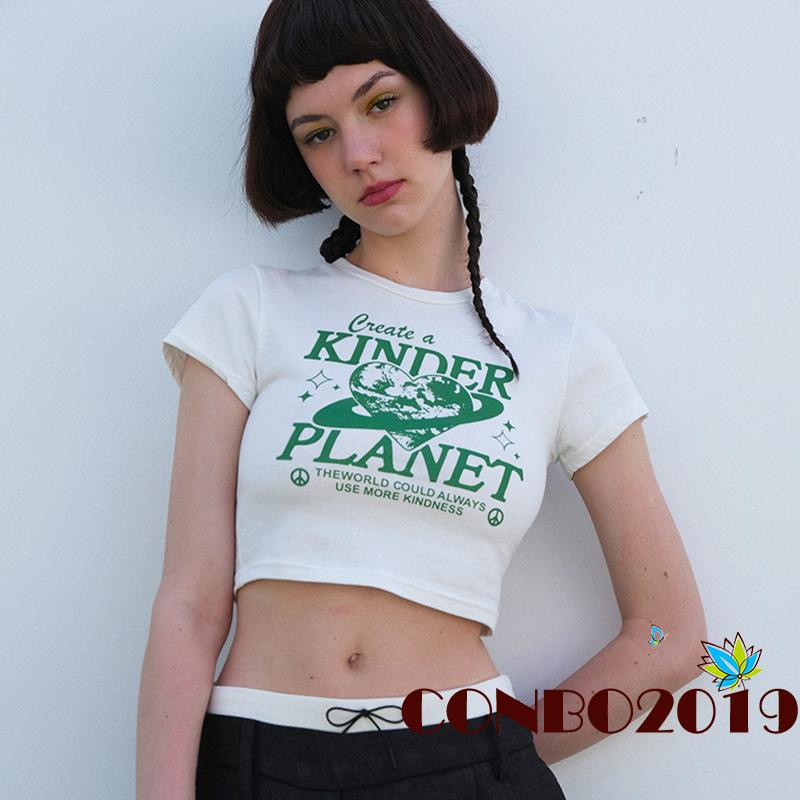 Áo Thun Crop Top Tay Ngắn Cổ Tròn In Chữ Thời Trang Mùa Hè Cho Nữ