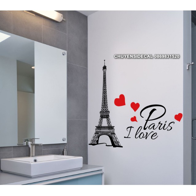 Decal trang trí tường - Tháp Paris Tim đỏ