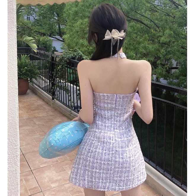 Đầm Hai Dây Hở Eo Ôm Dáng Đính Đá Lấp Lánh Phong Cách Pháp Thời Trang