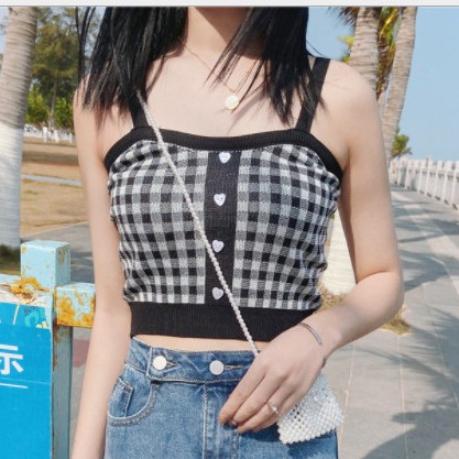 [CÓ SẴN] ÁO LEN 2 DÂY CARO CROPTOP NÚT TIM NHIỀU MÀU ÔM BODY