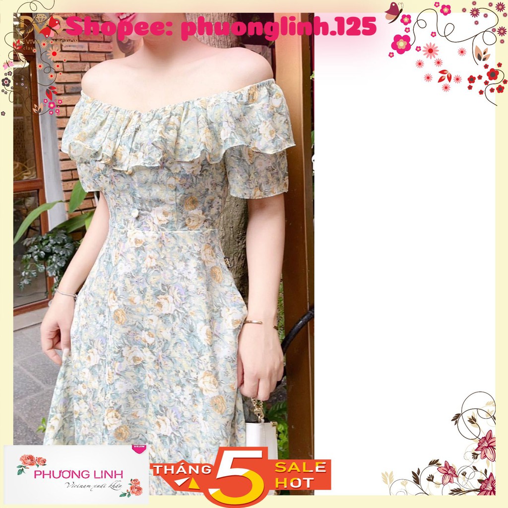 VÁY TƠ BÈO NGỰC CHUN VAI HOA XANH | BigBuy360 - bigbuy360.vn