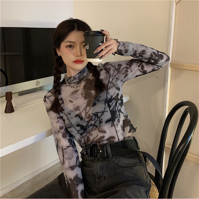 Cocory vn Áo Thun Tay Dài Xuyên Thấu Họa Tiết Màu Nhuộm Gợi Cảm Thời Trang Cho Nữ