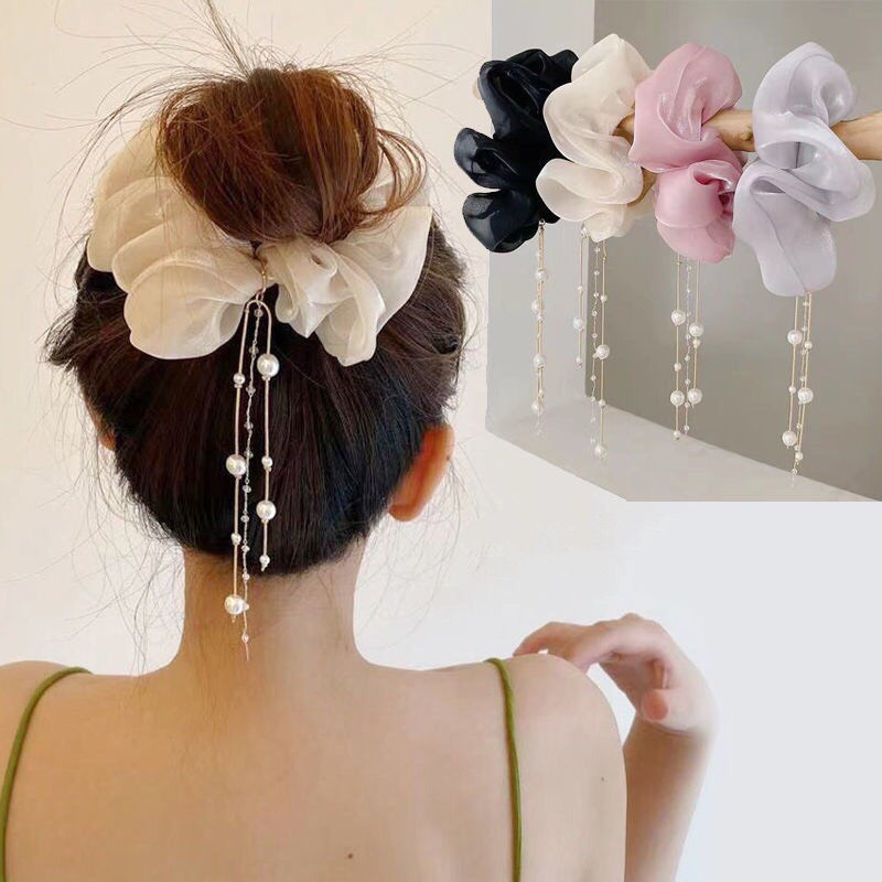 Buộc Tóc Scrunchies Hàn Quốc Vải Voan Phối Ren Tua Rua Hạt Ngọc Xinh Xắn HOT TREND PKTL0369