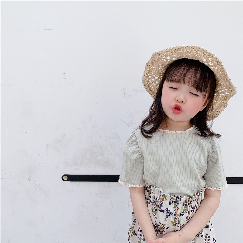 Áo thun tăm viền ren trẻ em bé gái cotton kiểu Hàn dễ thương 10-30kg ko