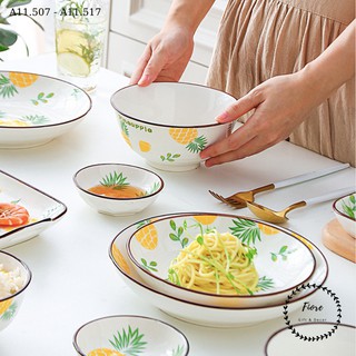 Bộ bát đĩa sứ PINEAPPLE cho 1-2 người, họa tiết dứa vàng trẻ trung