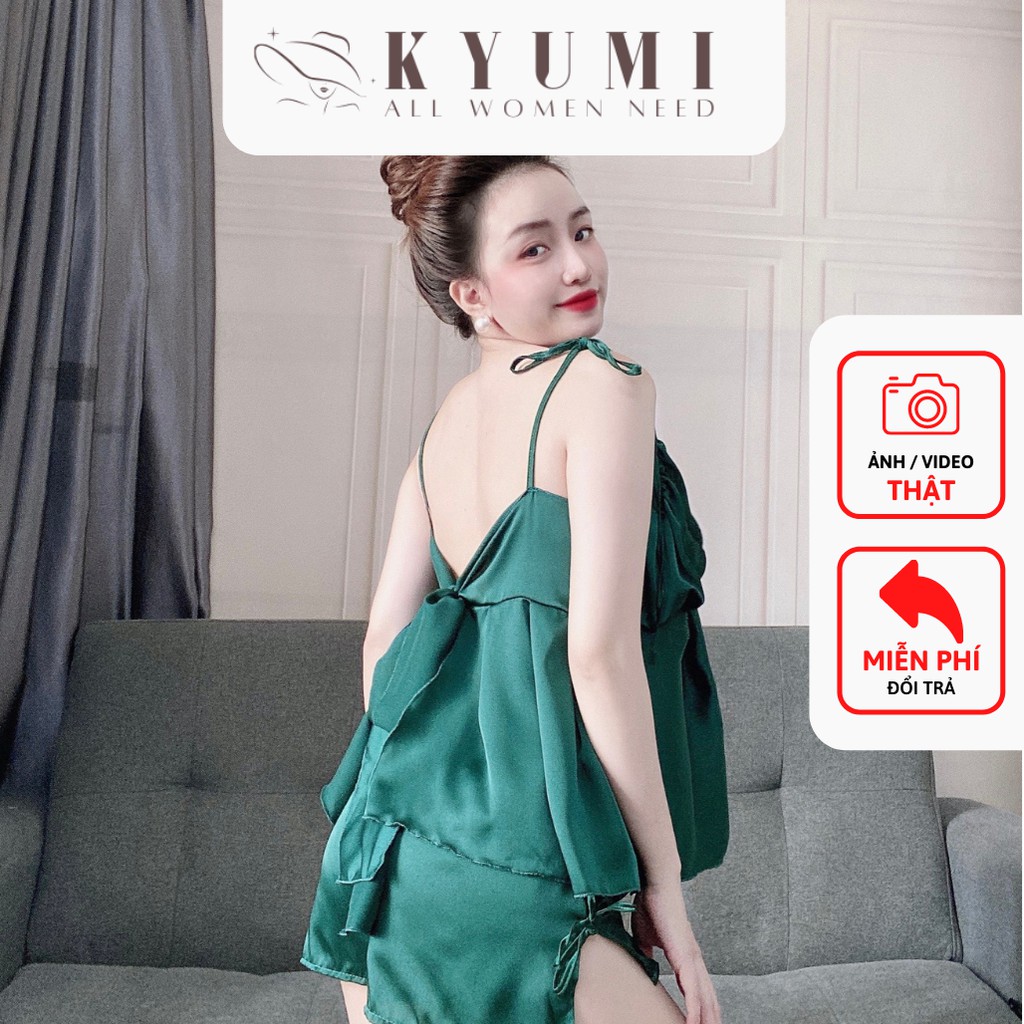 Đồ ngủ sexy đồ ngủ 2 dây xếp ly ngực cột nơ lưng KYUMI OFFICIAL, chất liệu lụa satin, freesize 40-65kg tùy chiều cao 031 | BigBuy360 - bigbuy360.vn