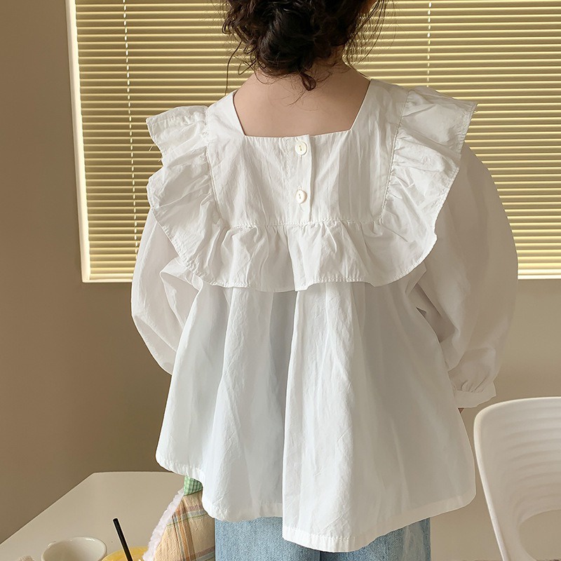 Áo Sơ Mi Trắng Tay Dài Phồng Phối Ren Chất Liệu Cotton Thời Trang Cho Bé Gái