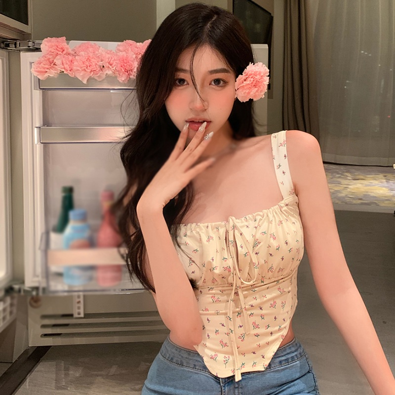 Áo Crop Top Hai Dây Ôm In Họa Tiết Hoa Phong Cách Pháp Ngọt Ngào Cho Nữ