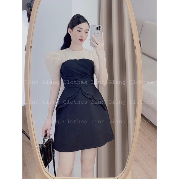 VÁY TIỆC ĐEN PHỐI VOAN PHOM CHỮ A  - kèm ảnh thật