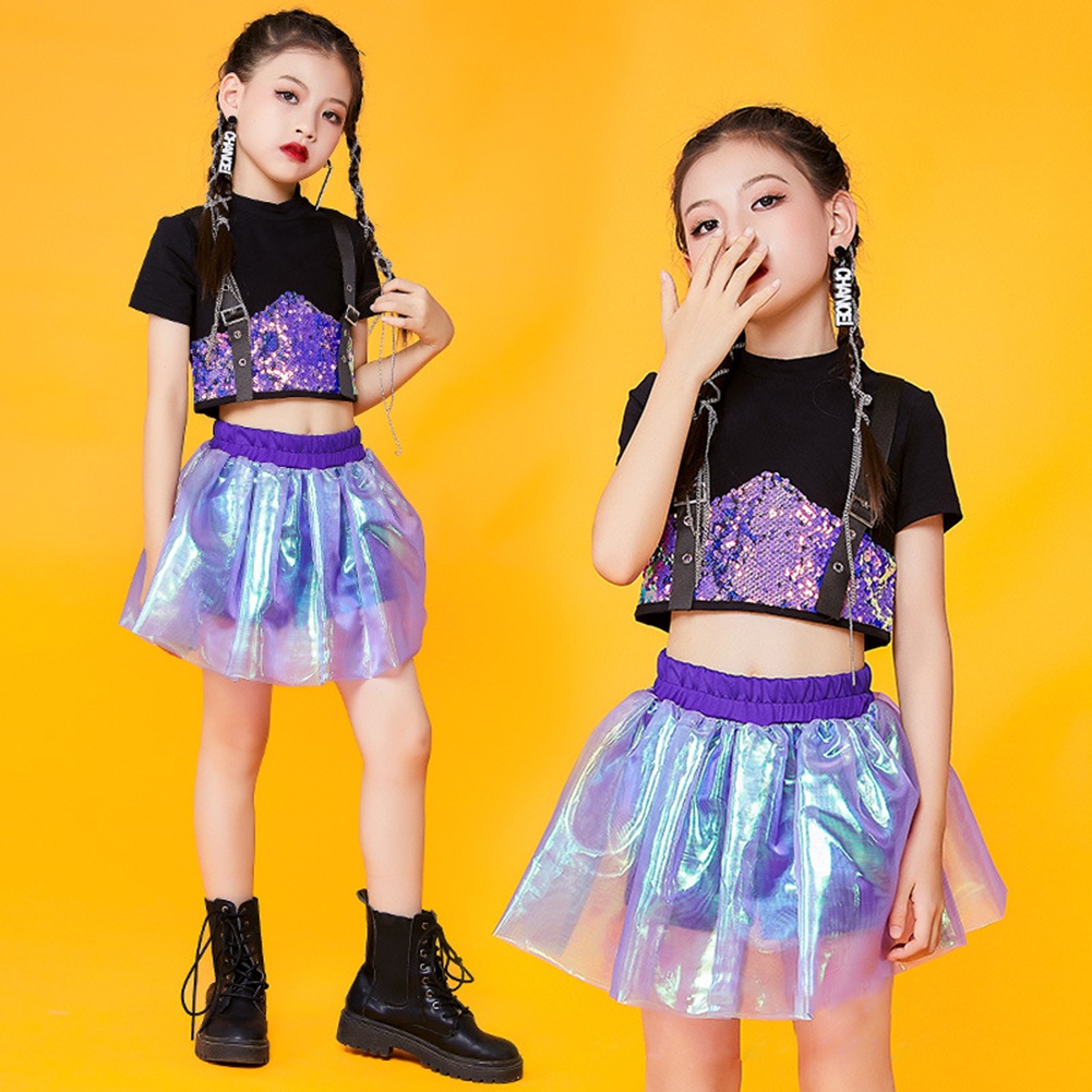Bộ Trang Phục 2 Mảnh Gồm Áo Crop Top Và Váy Màu Hồng Tím Phong Cách Hip Hop Dành Cho Bé Gái Trong Trường Học/ Biểu Diễn