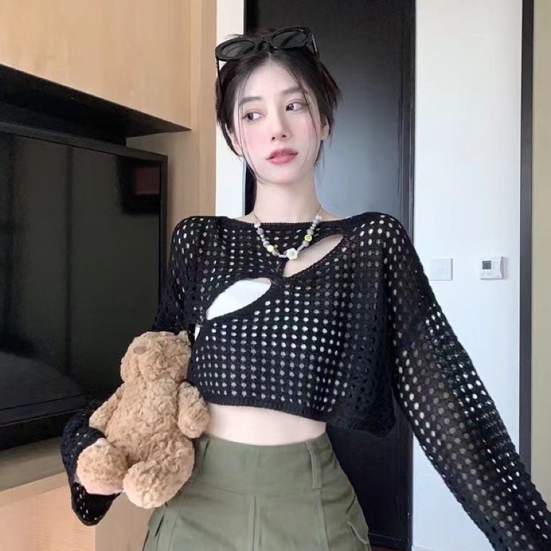 Áo Croptop Tay Dài Khoét Lỗ Dáng Rộng Dệt Kim Phong Cách Hàn Quốc