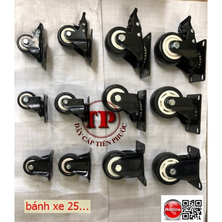 Bánh xe đẩy nhựa PVC đen , 2 vòng bi 40mm, 50mm, 65mm, 75mm