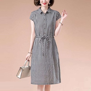 Đầm trung niên nữ, váy sơ mi kẻ caro tay hến chất thô đũi mềm mát