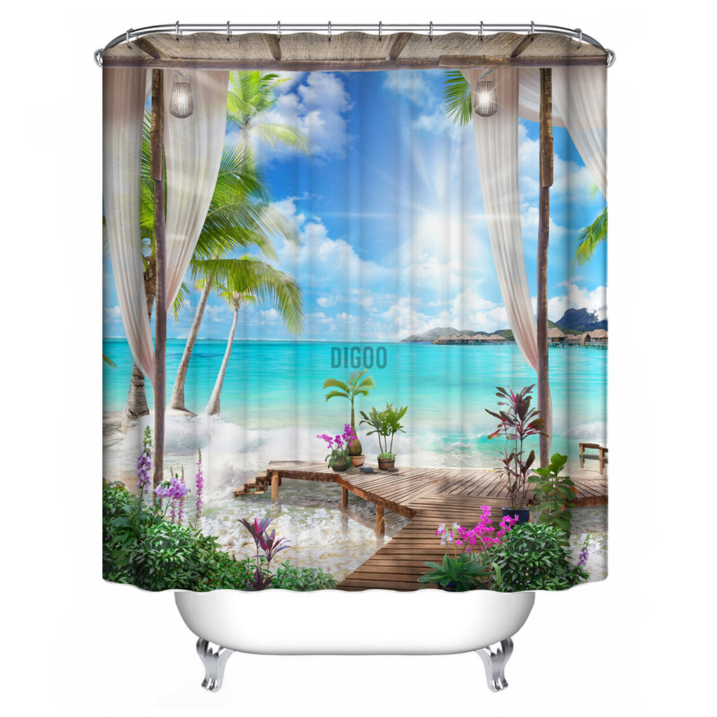 Landscape Shower Curtain Sets with Non-Slip Rugs Toilet Lid Cover Bath Mat Waterproof Curtain