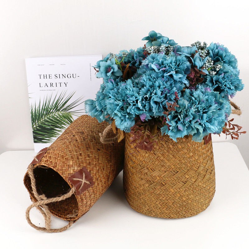 ☊Lẵng hoa đan bằng rơm phong cách Châu Âu, lọ hoa đan bằng mây, hoa khô đan tay, hoa giả, tre đan trang trí phòng khách,