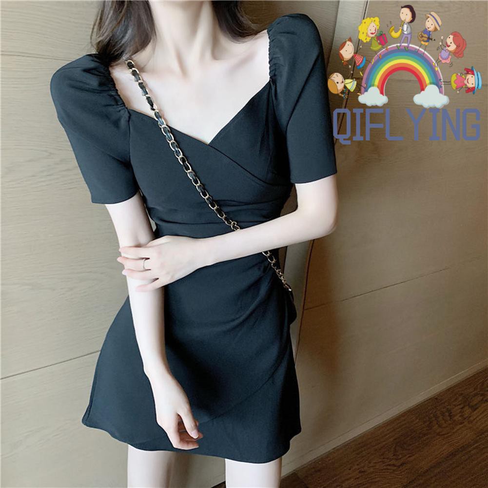 Đầm Nữ Tay Ngắn Màu Trơn Kiểu Dáng Thanh Lịch