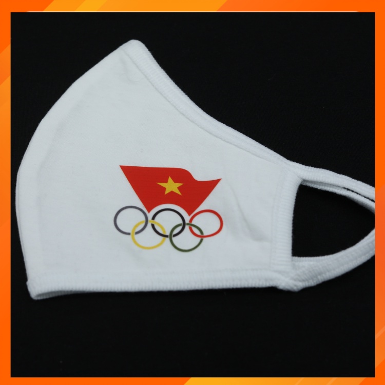 Khẩu trang vải 3 lớp 100% chất cotton họa tiết Olympic thể thao - Tái sử dụng nhiều lần (Màu trắng)