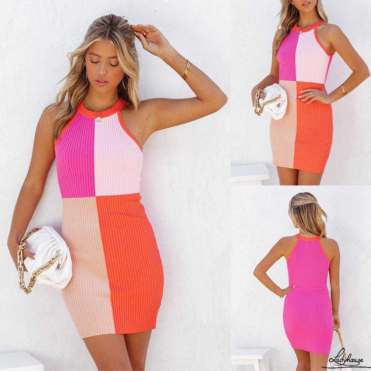 Ldd-đầm Body Dệt Kim Hai Dây Ôm Dáng Ngắn Không Tay Ghép Vải Lạnh Cổ Tròn Mùa Hè Cho Nữ