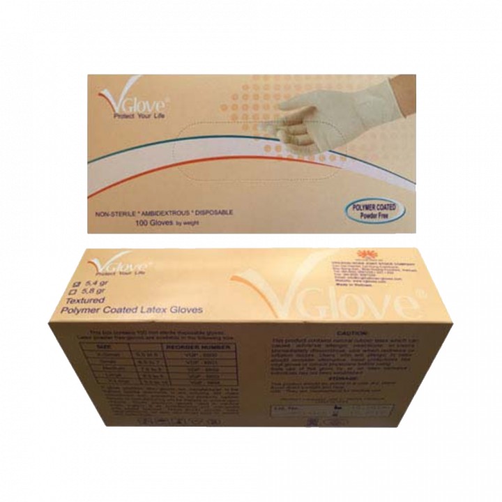 Găng tay không bột Vglove bao tay dùng trong chế biến thực phẩm, nấu ăn, thẩm mỹ, spa 2 màu trắng xanh hộp 100 cái