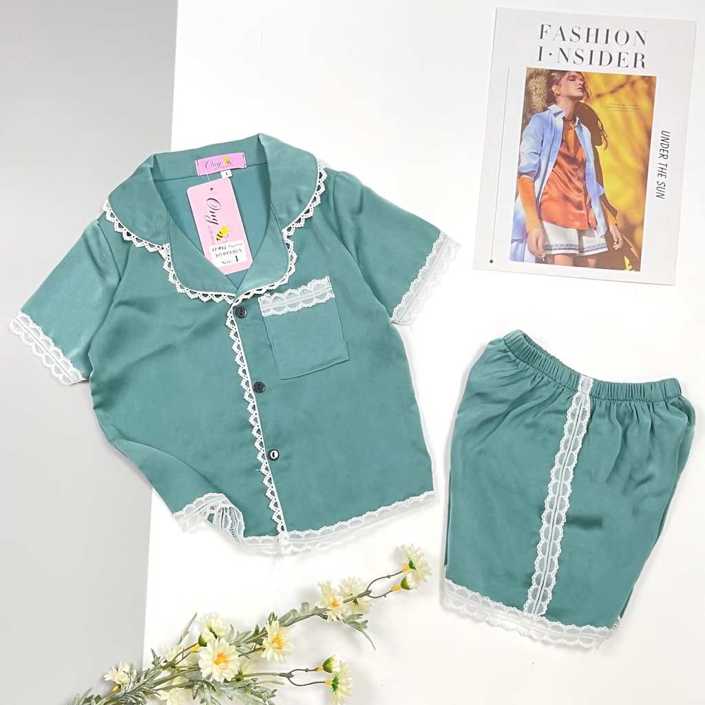 Bộ Đồ Ngủ Pijama Lụa Mẹ Và Bé Set Quần Áo Mặc Nhà Cộc Tay Viền Ren Cao Cấp - BN17-2021 - Babimama