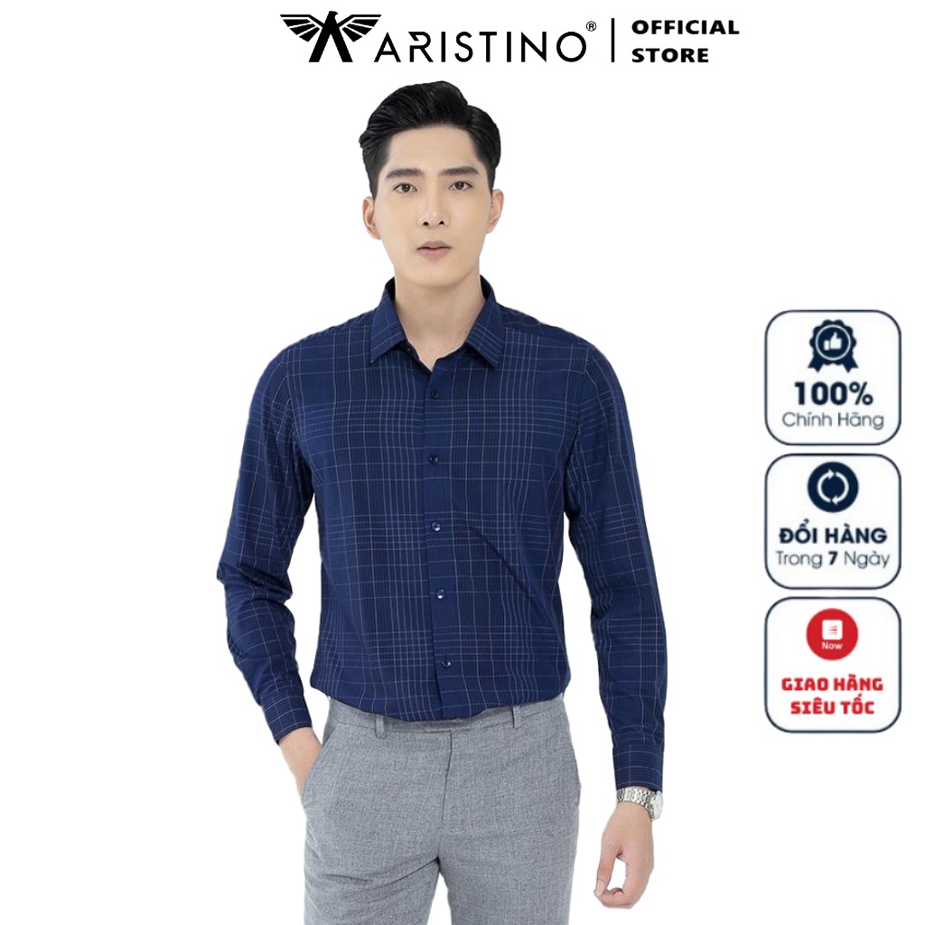 Áo Sơ Mi Nam Dài Tay ARISTINO ALS22001 Somi Công Sở Cao Cấp Màu Xanh Tím Than Kẻ Chất Sợi Sồi Mềm Mát Dáng Ôm Không Túi