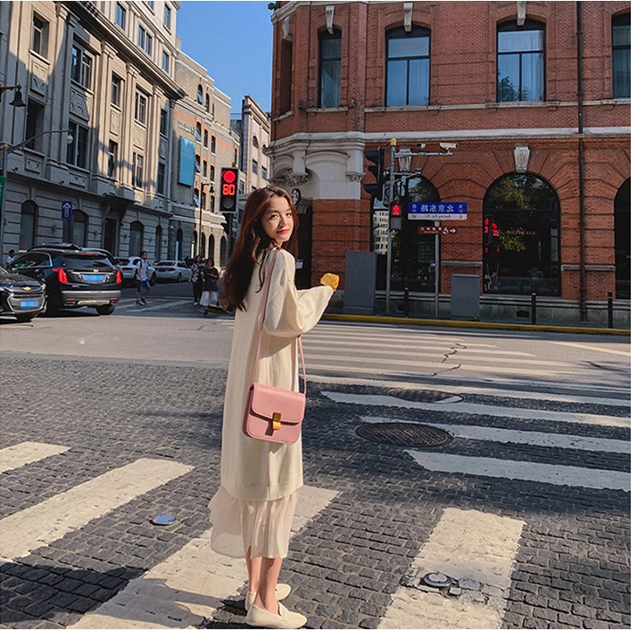 Đầm len dài qua gối dáng rộng phối lưới thời trang sành điệu trẻ trung