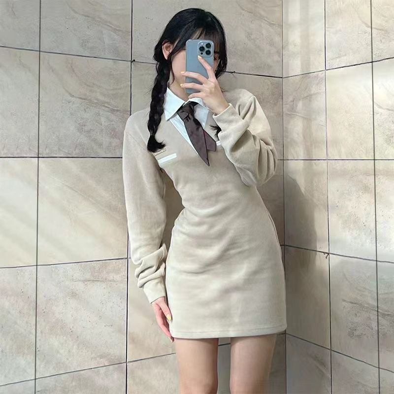 Jiashucheng Đầm Sơ Mi Thắt Eo Phong Cách Preppy Mỹ Cổ Điển Hot Girl