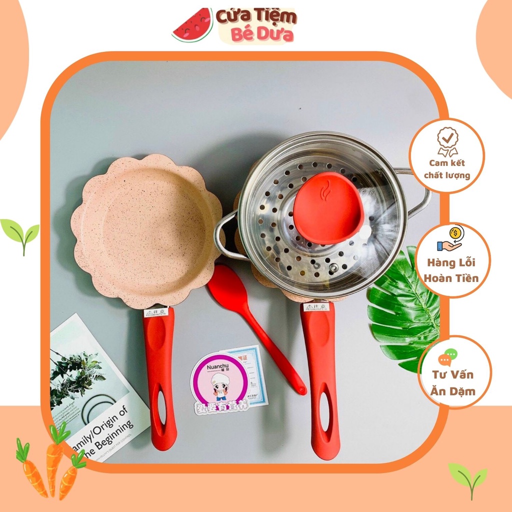 Bộ Nồi Chảo nấu ăn dặm,nấu bột, nấu cháo hình hoa cao cấp, men đá chống dính, kèm xửng hấp♥️