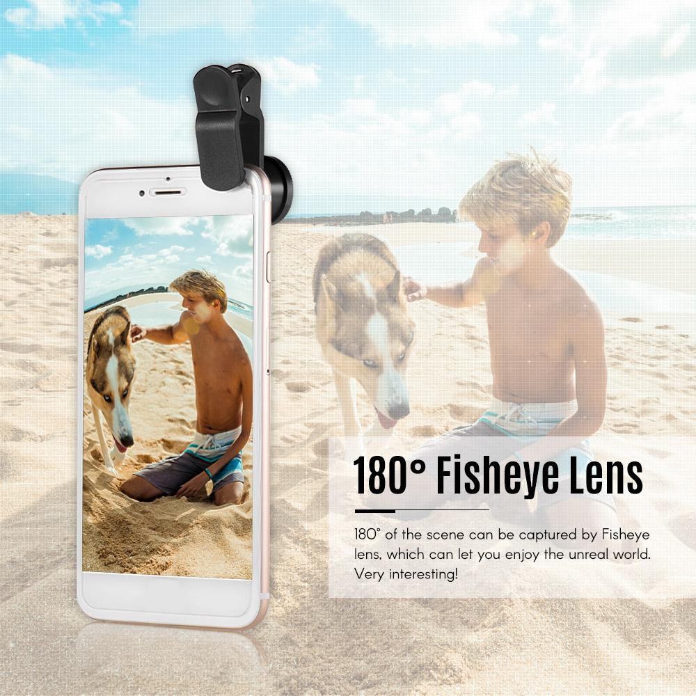 Universal Clip Lens Kit 180° Mobile Phone Fisheye Lens 0.67× Wide Angle Lens Macro Lens 3 in 1 with Clip for iPhone Samsung Huawei Smartphone Lens Mobile Photography Accessories