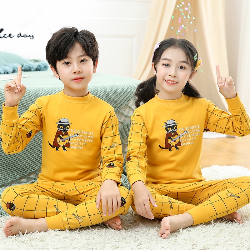 Bộ Đồ Ngủ Cotton Tay Dài Giữ Ấm Mùa Thu Đông Dành Cho Trẻ Em 90-160cm