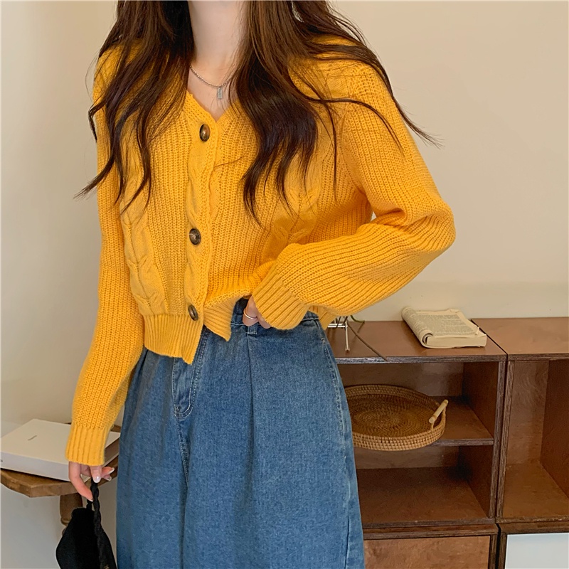 ZHELIHANGFEI Áo Cardigan Dệt Kim Tay Phồng Cổ Chữ V Lưng Cao Thời Trang
