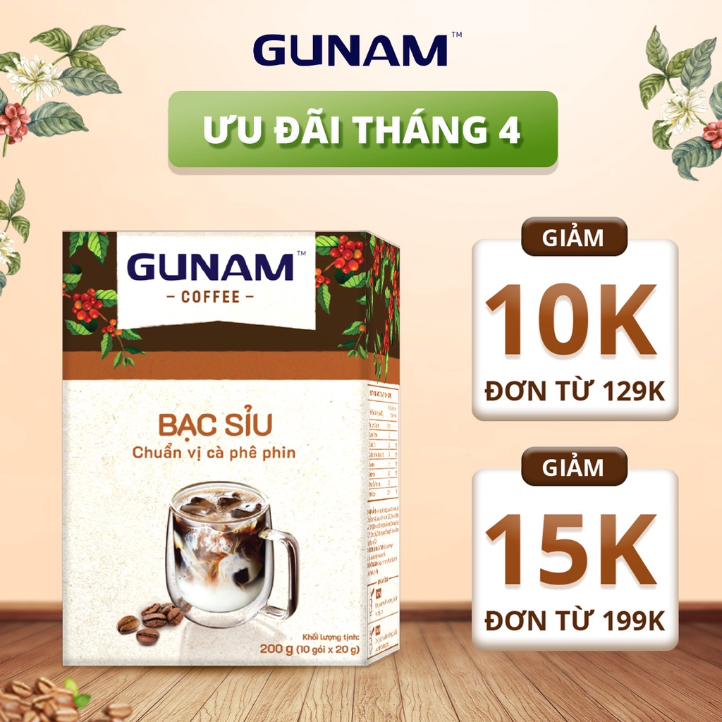 Cà phê hòa tan GUNAM bạc sỉu thơm béo (hộp 10 gói x 20g)