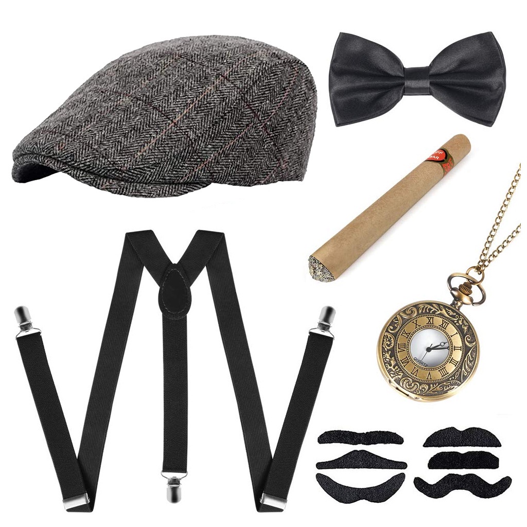 Gatsby Bộ Râu Giả Màu Đen Mũ Đội Có Dây Đeo Giả Xì Gà Retro