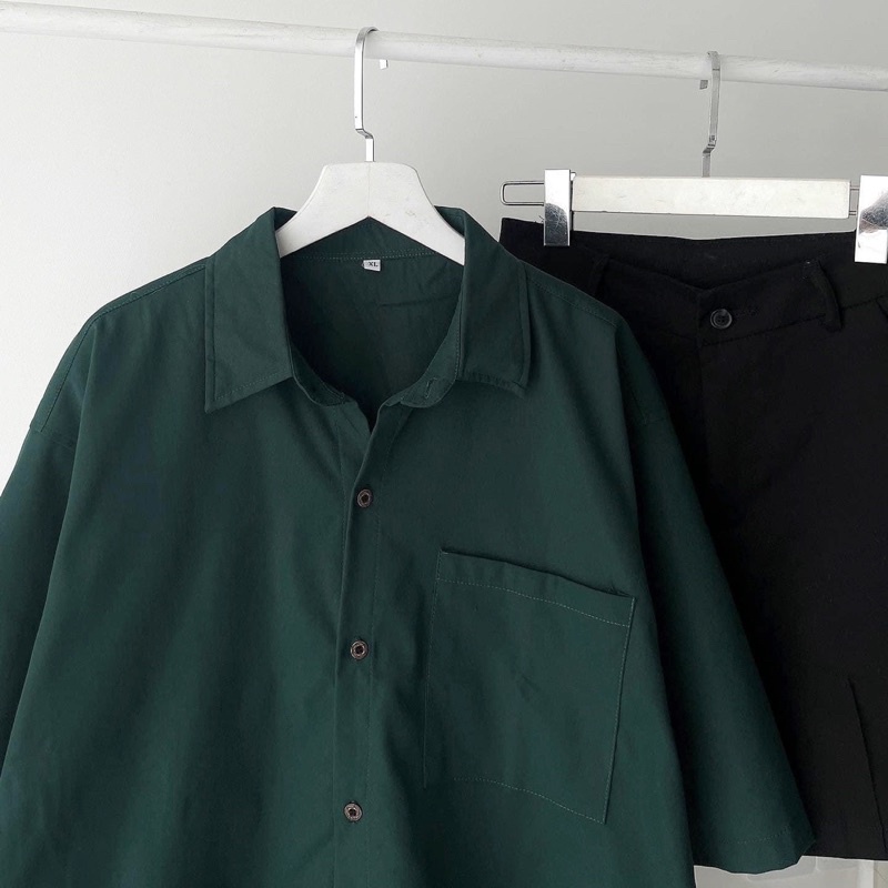 [sẵn] Áo Sơ Mi Nam Nữ Tay Ngắn Form Rộng Xanh Két BASIC PQK