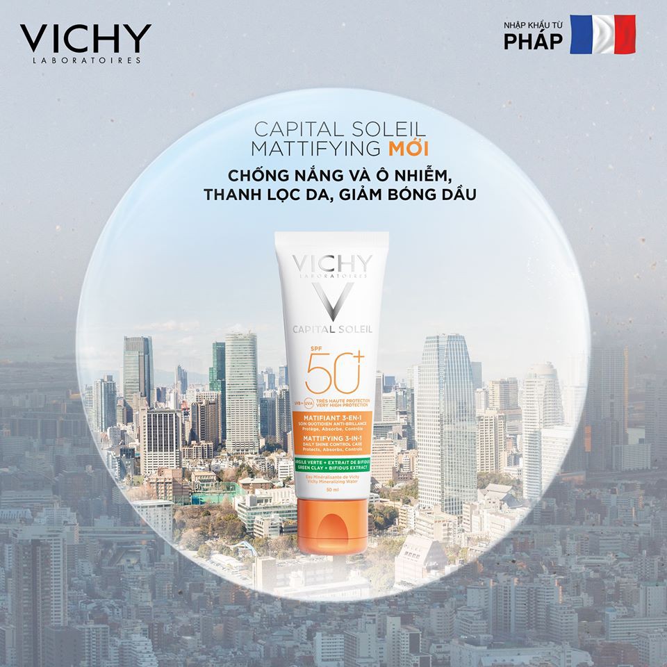 [CHÍNH HÃNG CÓ TEM] VICHY Capital Soleil Mattifying 3 In 1 SPF50+ 50ml - Kem Chống Nắng VICHY Không Gây Nhờn Rít