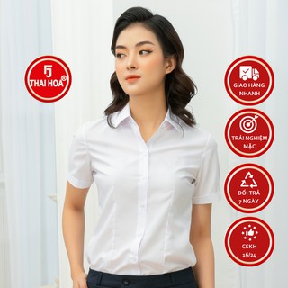Áo sơ mi nữ Thái Hòa N047 màu trắng kiểu dáng công sở ngắn tay chất vải cotton