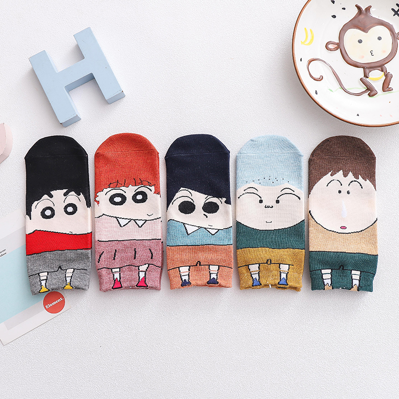 Set 5 đôi vớ cotton cổ thấp họa tiết hoạt hình Shin-chan dễ thương phong cách Nhật Bản cho nữ