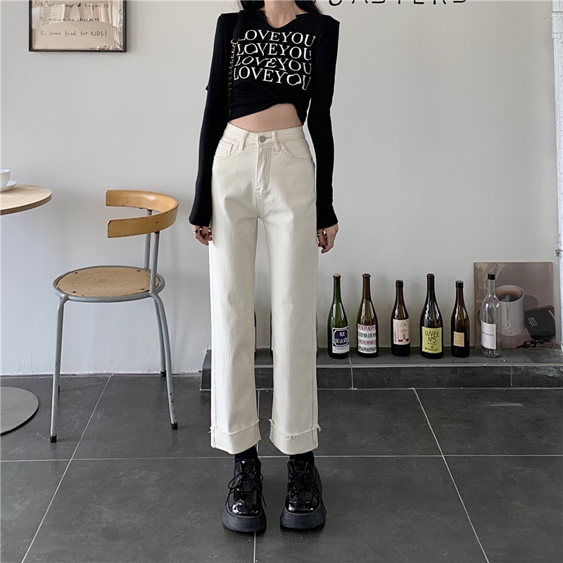 Quần jeans basic cạp cao gập gấu ống đứng phom vừa xinh phù hợp với mọi vóc dáng
